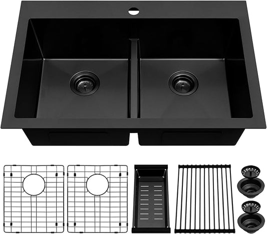 MILOSEN 33''x22''Black Double Bowl Kitchen Sink, 50/50 T304 Stainless Steel Drop in Kitchen Sinks, Topmount Large and Deep Workstation Sink, Handmade Low-Divide Double Basin with Custom Accessories