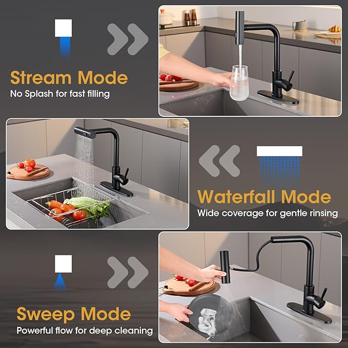 Waterfall Kitchen Faucet with Pull Down Sprayer, ARTIQUA Black Single Handle Kitchen Sink Faucet with Deck Plate Fits 1 or 3 Hole, for Bar RV Laundry Farmhouse Outdoor and Camper