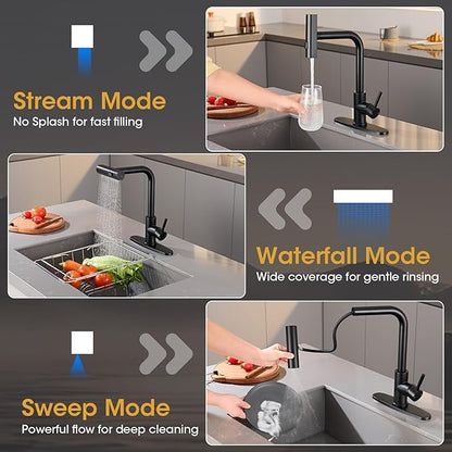 Waterfall Kitchen Faucet with Pull Down Sprayer, ARTIQUA Black Single Handle Kitchen Sink Faucet with Deck Plate Fits 1 or 3 Hole, for Bar RV Laundry Farmhouse Outdoor and Camper