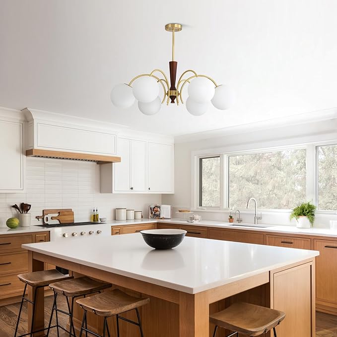 KCO Lighting 6 Light Gold Sputnik Light Fixture Vintage Brass Milk Glass Chandelier White Globe Pendant Lights Kitchen Island Modern Farmhouse Chandeliers for Dining Room