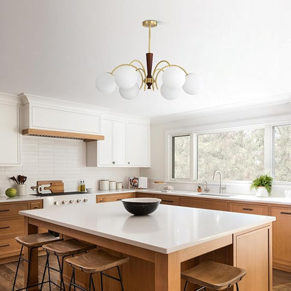 KCO Lighting 6 Light Gold Sputnik Light Fixture Vintage Brass Milk Glass Chandelier White Globe Pendant Lights Kitchen Island Modern Farmhouse Chandeliers for Dining Room
