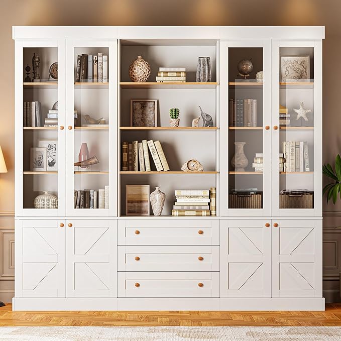 ivaniti 71" Tall Farmhouse Kitchen Pantry, Large Storage Cabinet with Glass Doors, Adjustable Shelves, 3 Drawer, Wood Versatile Hutch Cabinet for Dining Room, Living Room, White 3 PCS