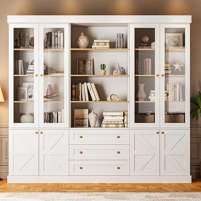 ivaniti 71" Tall Farmhouse Kitchen Pantry, Large Storage Cabinet with Glass Doors, Adjustable Shelves, 3 Drawer, Wood Versatile Hutch Cabinet for Dining Room, Living Room, White 3 PCS