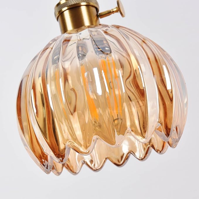 Mini Flower Hanging Lamp Plug in Pendant Light Fixtures, 15Ft Amber Glass Pendant Lights Kitchen Island Dining Room Bedroom Living Room, LED Bulb Included