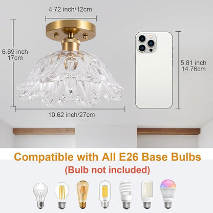Semi Flush Mount Ceiling Light, Vintage Ceiling Light 11",Transparent Glass Light Fixture E26 for Kitchen Entryway Bedroom Dining Room