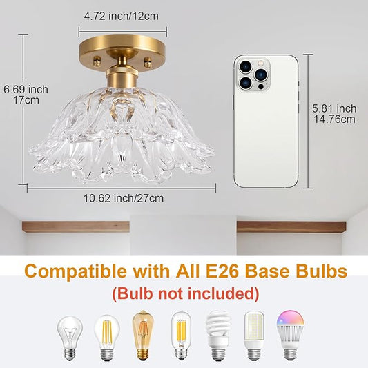 Semi Flush Mount Ceiling Light, Vintage Ceiling Light 11",Transparent Glass Light Fixture E26 for Kitchen Entryway Bedroom Dining Room