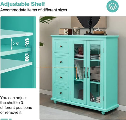 Giantex Buffet Sideboard with Storage - Kitchen Pantry Cabinet with 2 Doors, 4 Drawers, Adjustable Shelf, Freestanding Cupboard Credenza for Kitchen Living Room (Green)