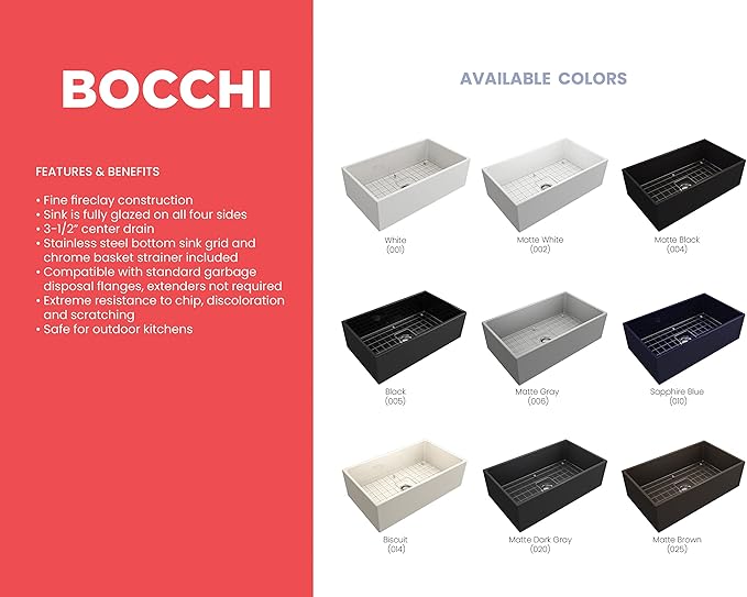 BOCCHI Contempo Farmhouse Apron Front Fireclay 33 in. Single Bowl Kitchen Sink with Protective Bottom Grid and Strainer in Matte White