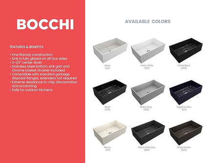 BOCCHI Contempo Farmhouse Apron Front Fireclay 33 in. Single Bowl Kitchen Sink with Protective Bottom Grid and Strainer in Matte White