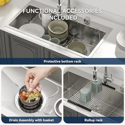 Lordear 36 Drop in Kitchen Sink - 36 x 19 Inch Topmount Kitchen Sink 16 Gauge Stainless Steel Single Bowl Deep Handmade Overmount Kitchen Sink with Drain Strainer