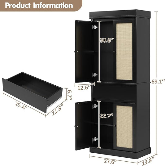 IDEALHOUSE Pantry Cabinet,70" Tall Kitchen Pantry Cabinet with 4 Doors and 3 Adjustable Shelves, Freestanding Cupboard, Modern Storage Cabinet for Bathroom, Dining Room, Living Room， Black Rattan