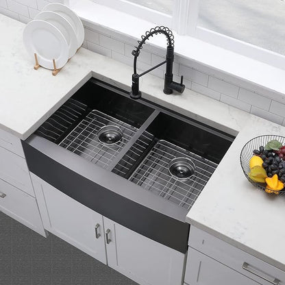 VCCUCINE 33 Inch Gunmetal Black Double Farmhouse Sink, 33X22 Double Bowl Farmhouse Kitchen Sink, 16 Gauge 50/50 Stainless Steel Apron Front Farm Sink, Drop In Workstation Farmer Sink With Accessories