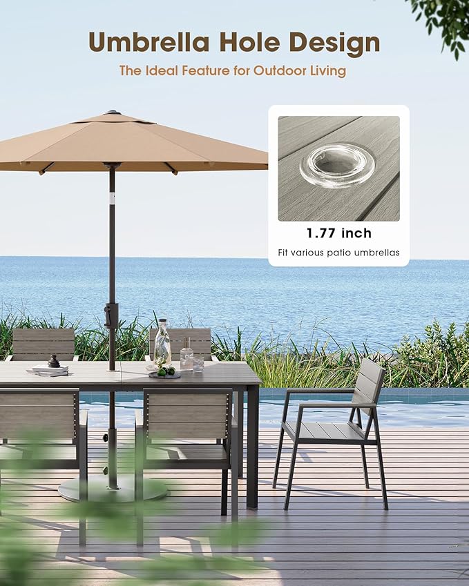 Outdoor Dining Table, Aluminum Patio HDPS Outdooor Table with Umbrella Hole, All Weather Patio Furniture Set, Patio Dining Table ((Classic Gray)