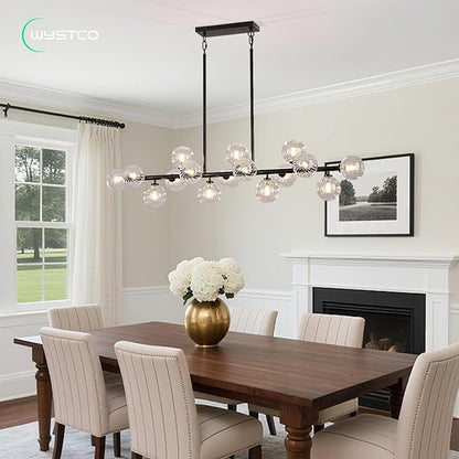 56 Inch Black Linear Chandeliers for Dining Room, Kitchen Island, Living Room, 16-Light Mid Century Modern Light Fixture Over Table, Large Clear Glass Globe Sputnik Bubble Chandelier
