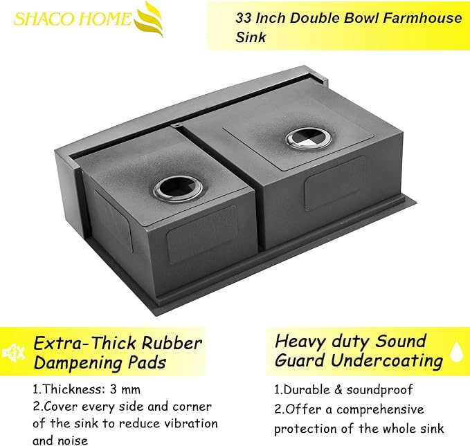 SHACO Double Bowl 60/40 Black Farmhouse Sink, 33x22 Inch Stainless Steel Apron Front Divided Double Basin Farmhouse Kitchen Sink, Gunmetal Black Farm Workstation Sink