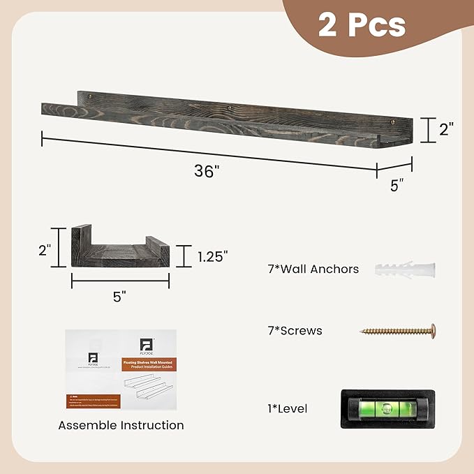 FLYJOE 36 Inches Floating Shelves for Wall, Solid Pine Wood Picture Ledge Shelves, Wall Shelves with Lips, Nursery Book Shelves for Toys Storage Living Room Bedroom Photo Frames (2 Pcs, Grey)