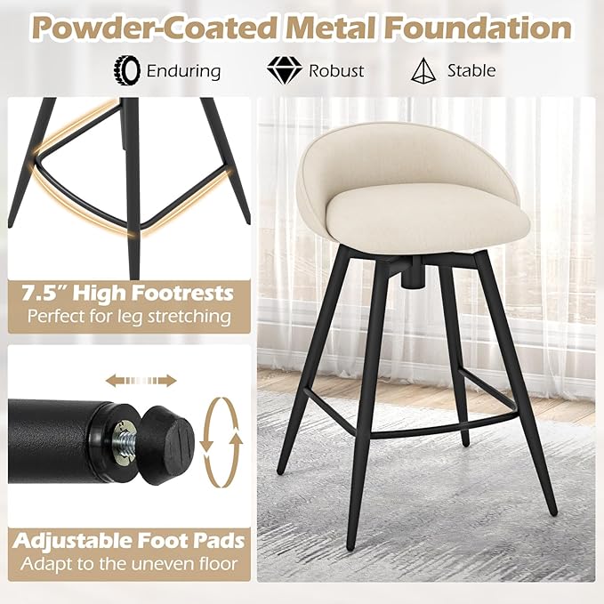 Giantex Swivel Bar Stools Set of 2, 25" Counter Height Bar Chairs with Footrest, Low Backs & Metal Frame, Upholstered Line Fabric Barstools for Kitchen Island, Cafe & Pub, Beige