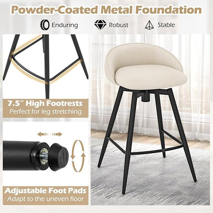 Giantex Swivel Bar Stools Set of 2, 25" Counter Height Bar Chairs with Footrest, Low Backs & Metal Frame, Upholstered Line Fabric Barstools for Kitchen Island, Cafe & Pub, Beige