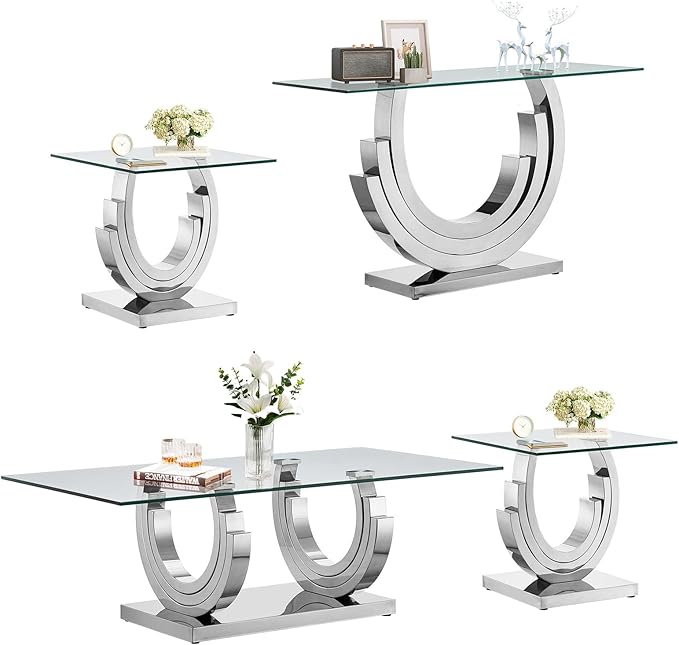 Glass Living Room Table Set of 4, Modern Glass Coffee Table with 1 Console Table & 2 End Tables Set for Apartment, Luxury Coffee Table Sets Perfect for Living Room, Stainless Steel Frame
