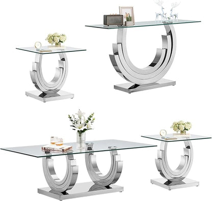 Glass Living Room Table Set of 4, Modern Glass Coffee Table with 1 Console Table & 2 End Tables Set for Apartment, Luxury Coffee Table Sets Perfect for Living Room, Stainless Steel Frame