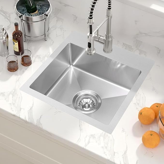 15 Inch Drop In Bar Sink，18-Gauge Small Kitchen Sink Stainless Steel with 3D Embossed Texture，Single Bowl Square Design