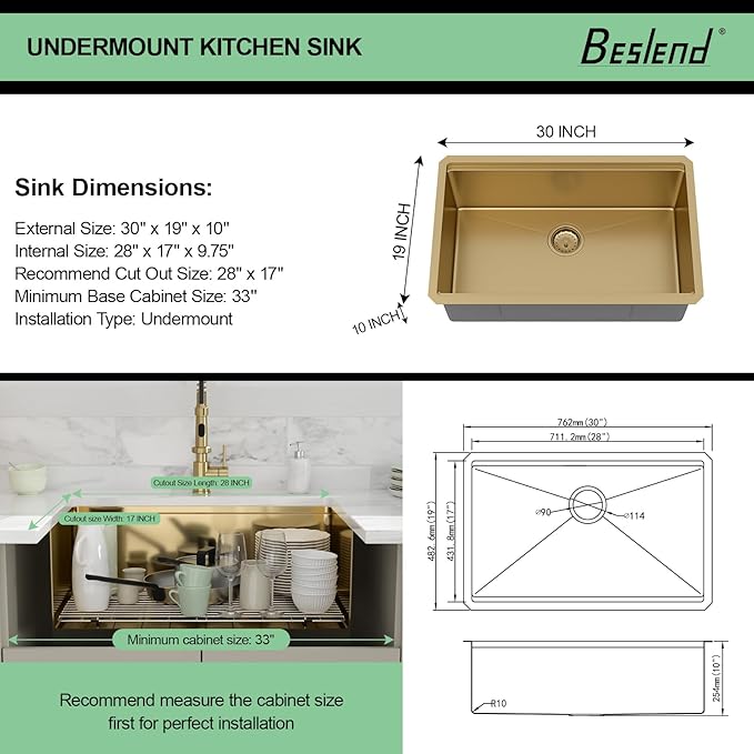 30x19 Undermount Gold Kitchen Sink - Beslend Stainless Steel Ledge Workstation Kitchen Sinks Gold Sink 16 Gauge Single Bowl Undermount Basin