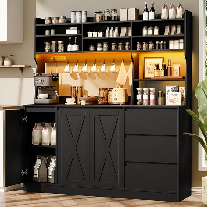 Loomie Farmhouse Sideboard Buffet Cabinet with Storage, 59" Kitchen Storage Cabinet with Power Outlet & LED Light, Coffee Bar w/Microwave Stand & Doors & Drawers & Hooks & Adjusted Shelves (Black)