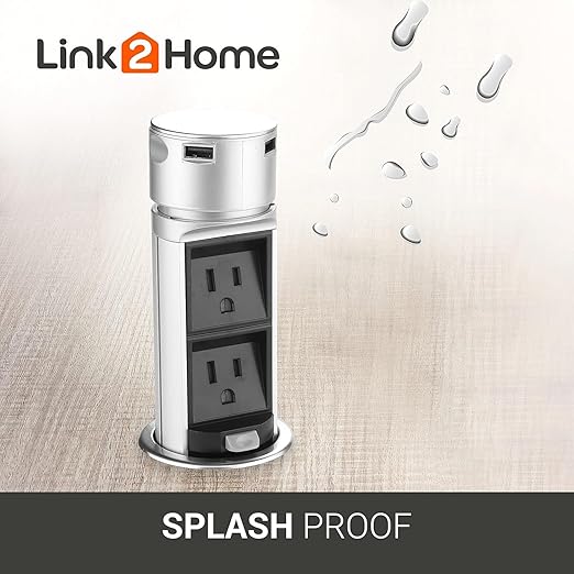 Link2Home 2 Pack Space Saver Pop Up Outlet Station with USB, 2 Power Outlets 15A, 2 USB Ports 2.4A Fast Charge Splash Resistant, Stainless-Steel Finish, for Kitchen Island, Office Table and Workshop
