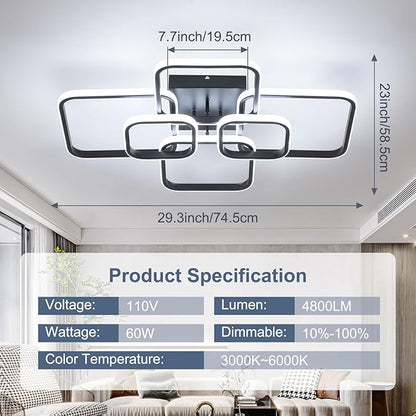 31.5" Modern LED Ceiling Light 6-Square Dimmable Ceiling Light Fixtures with Remote 3000K-6000K Black Close to Ceilings Lamp 60W for Living Room, Bedroom