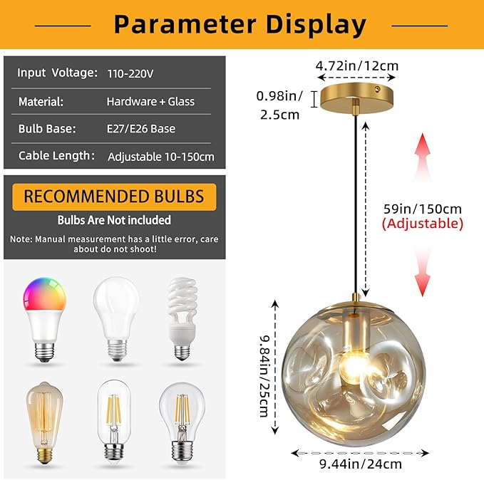 Modern Amber Concave Glass Pendant Light, 2-Pack Kitchen Island Lighting Single Globe Pendant Light Fixtures Century Kitchen Island Pendant Light for Bedroom Dining Room Light (Without Bulbs)