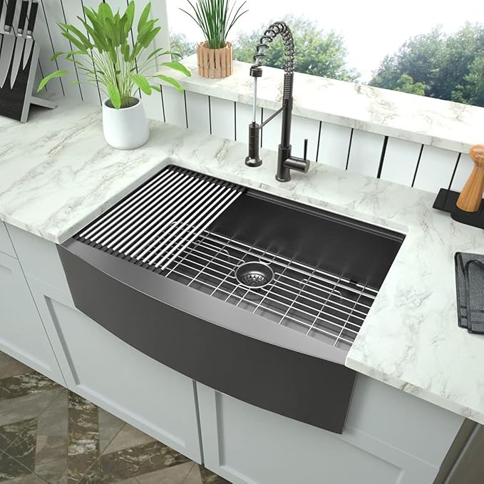 Black Farmhouse Kitchen Sink - Mocoloo 33 Inch Undermount Sinks Gunmetal Black Stainless Steel 16 Gauge Apron Single Bowl Ledge Workstation Farm Sink, 33''x22''x10''