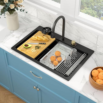 Sarlai Waterfall Kitchen Sink - Granite Composite Black Kitchen Sink 33 Inch Drop In Topmount Workstation Granite Matte Black Quartz Single Bowl Multifunction Sinks with Waterfall