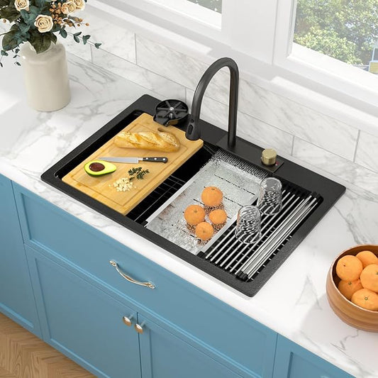 Sarlai Waterfall Kitchen Sink - Granite Composite Black Kitchen Sink 33 Inch Drop In Topmount Workstation Granite Matte Black Quartz Single Bowl Multifunction Sinks with Waterfall