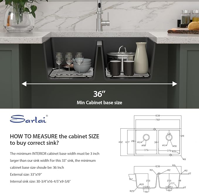 Sarlai 33 Black Granite Composite Kitchen Sink - 33"x19"Double Bowl Undermount Kitchen Sink Double Basin 50/50 Matte Black Quartz Under Counter Sinks Basin with Accessories
