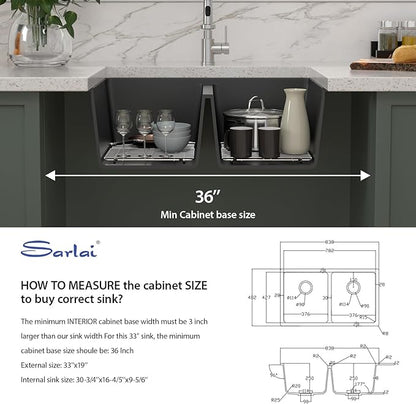 Sarlai 33 Black Granite Composite Kitchen Sink - 33"x19"Double Bowl Undermount Kitchen Sink Double Basin 50/50 Matte Black Quartz Under Counter Sinks Basin with Accessories
