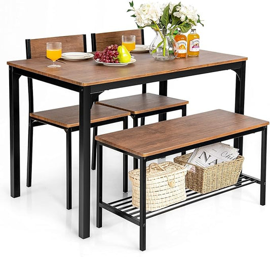 Giantex Dining Table Set for 4, 43" Kitchen Table and Chairs, Dining Bench with Metal Frame & Storage Rack, 4-Piece Modern Functional Desk Set for Dinette, Small Space, Apartment, Restaurant, Walnut