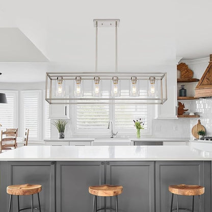 6 Light Brushed Nickel Dining Room Light Fixture Modern Farmhouse Chandelier Linear Hanging Pendant Lighting Rectangle for Kitchen Living Room Adjustable Height with Glass Shade