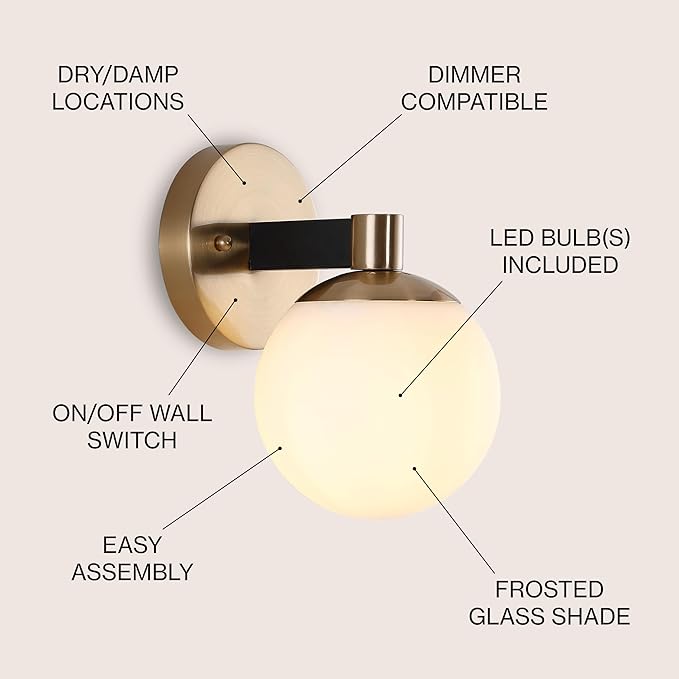 JONATHAN Y 5.75" Brass Gold/Black 1-Light Modern Globe LED Vanity Wall Sconce Light, White Frosted Glass Shade, Mid-Century Art Deco Wall Lamp for Bathroom, Kitchen, Hallway JYL3540A