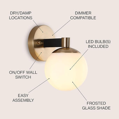 JONATHAN Y 5.75" Brass Gold/Black 1-Light Modern Globe LED Vanity Wall Sconce Light, White Frosted Glass Shade, Mid-Century Art Deco Wall Lamp for Bathroom, Kitchen, Hallway JYL3540A