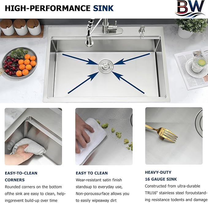 33 x 19 Drop In Kitchen Sink - 16 Gauge Stainless Steel Workstaion Kitchen Sink Handmade 10 Inch Deep Single Bowl Sinks Top Mount Easy to Clean