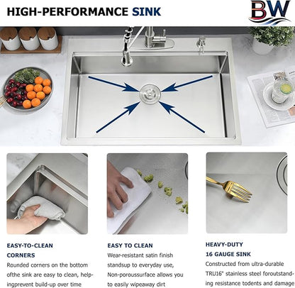 33 x 19 Drop In Kitchen Sink - 16 Gauge Stainless Steel Workstaion Kitchen Sink Handmade 10 Inch Deep Single Bowl Sinks Top Mount Easy to Clean