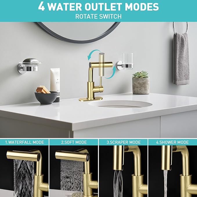 2 Pack Modern Brushed Gold Bathroom Sink Faucet with 4 Mode Pull Down Sprayer, Single Handle Deck Mount, Brass Material, 1 or 3 Hole, 15" H x 1" W x 15" D