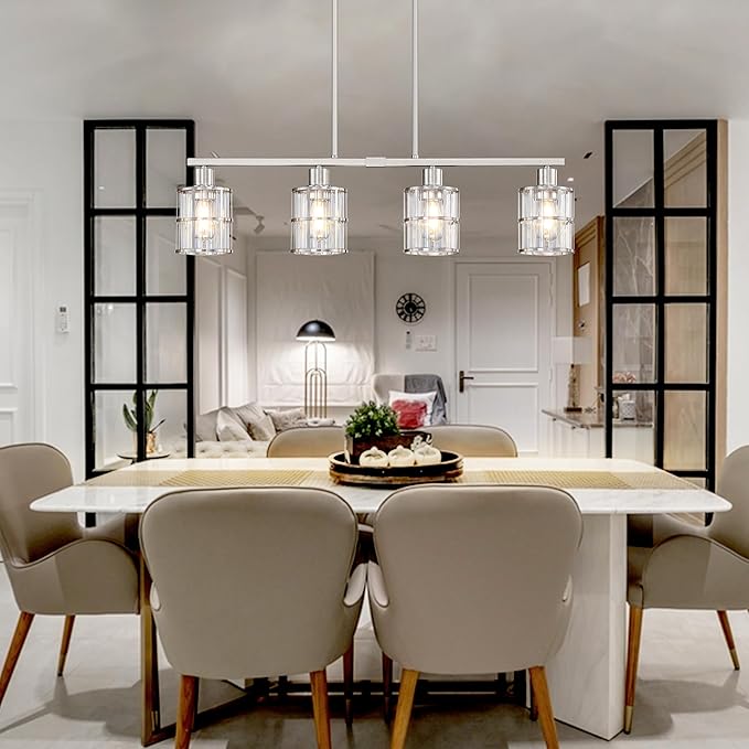 4 Light Kitchen Island Chandelier Brushed Nickel Finish Modern Pendant Light Ceiling Lighting Fixture Metal Clear Glass Dining Room Bar Café Kitchen Island