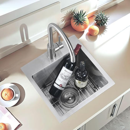15x17 Inch Bar Sink Drop In, Topmount Kitchen Sink Stainless Steel Square Small Sinks, Single Bowl Kitchen Sinks for Laundry Wet Bar Prep RV Office Outdoor Yard with Grid & Drain