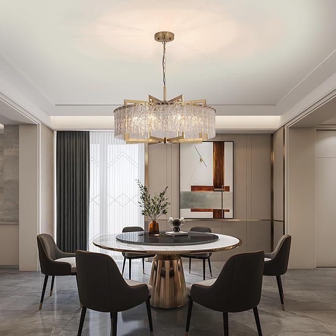 Crystal Gold Chandelier Lighting Fixture, 8 Lights Luxury Crystal Glass Pendant with Adjustable Chain,Ceiling Mounted for Dining Room Kitchen Living Room Foyer- 30in (Sloped/Hight Ceiling)
