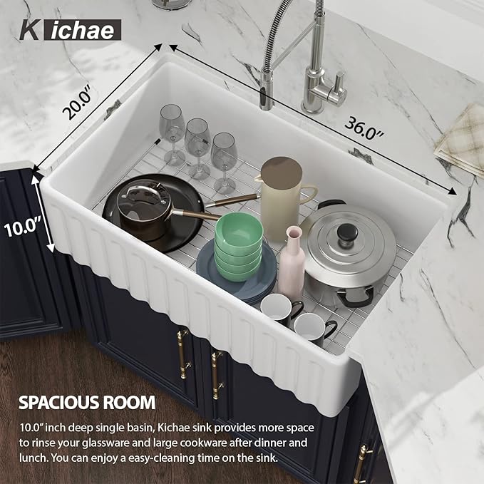 Kichae 36 Inch White Farmhouse Sink - 36 x 20 Farm Kitchen Sink Undermount Singe Bowl Apron Front Fireclay Ceramic Porcelain Farmer Style Large Deep Kitchen Sink Round Corner