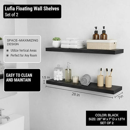 Lufia Floating Wall Shelves, Set of 2, MDF with Invisible Brackets, Modern Storage for Bedroom, Bathroom, Living Room, Kitchen (Black, 28" W x 7" D x 1.5" H)