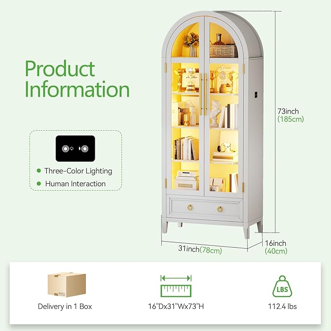 HNEBC Book Shelf with LED Lights, Arched Display Case with Storage Cabinet, Smart File Cabinet with Glass Door, Curio Cabinet with Solid Wood Legs for Home Office/Bedroom Furnniture-White