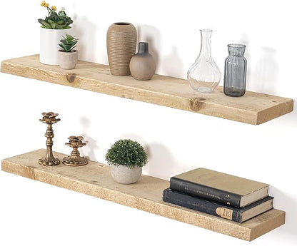 Dreamland Rustic Reclaimed Wall Shelf, Deep Floating Shelves Solid Wood Wall Shelf 7.5 Inch Deep for Storage with Invisible Heavy-Duty Metal Bracket, 36 Inch Width Set of 2, Natural