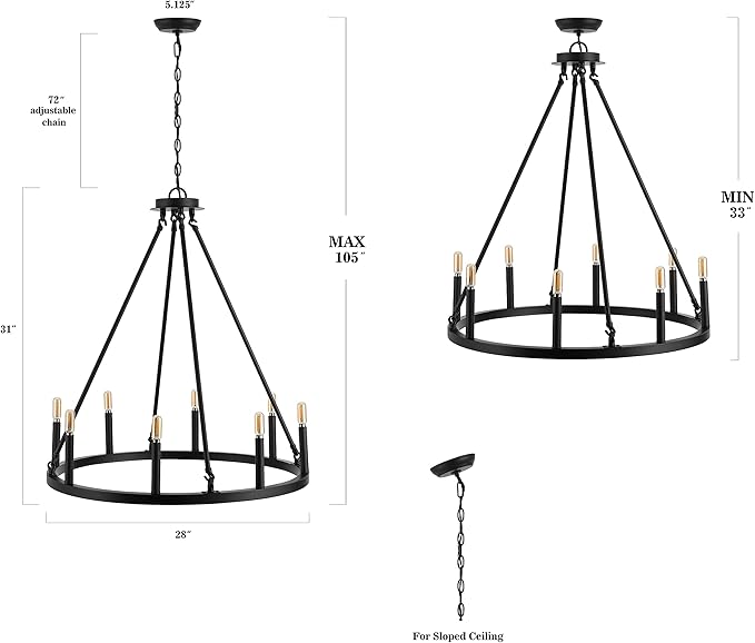 JONATHAN Y 28" Oil Rubbed Bronze 8-Light Wagon Wheel Chandelier, Classic Industrial Iron Ring Pendant for Dining Room, Kitchen, Foyer, Rustic Farmhouse Hanging Light, LED Bulbs Included JYL7496A